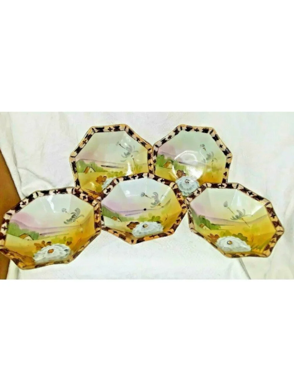 Antique Nippon Japan Small Bowls Hand Painted Floral Landscape Octagon Set/5